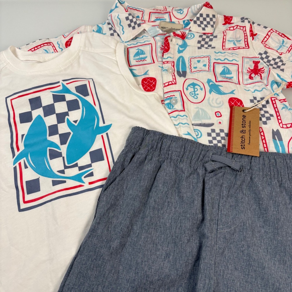 Stitch & Stone Boys Size 6 Blue White 3-Piece Shark Nautical Shirt Tank Set NEW